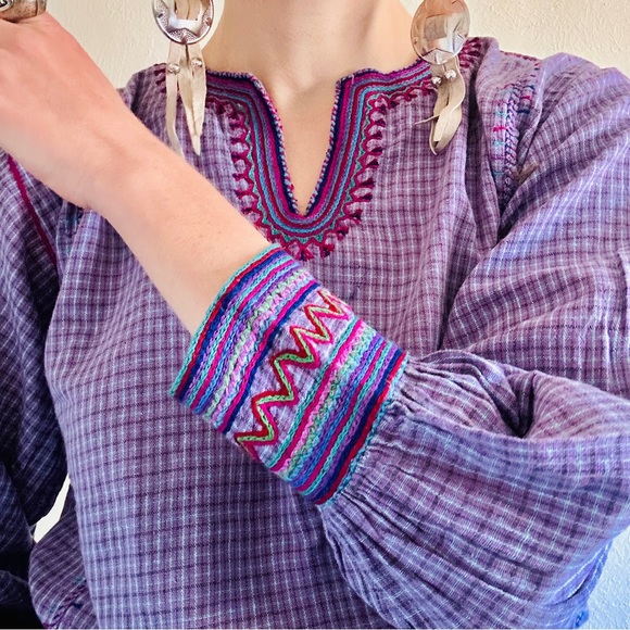 80s VTG Cotton Purple Plaid Mexican Indian Embroidered Skirt Folk Art Skirt Set - Picture 4 of 16